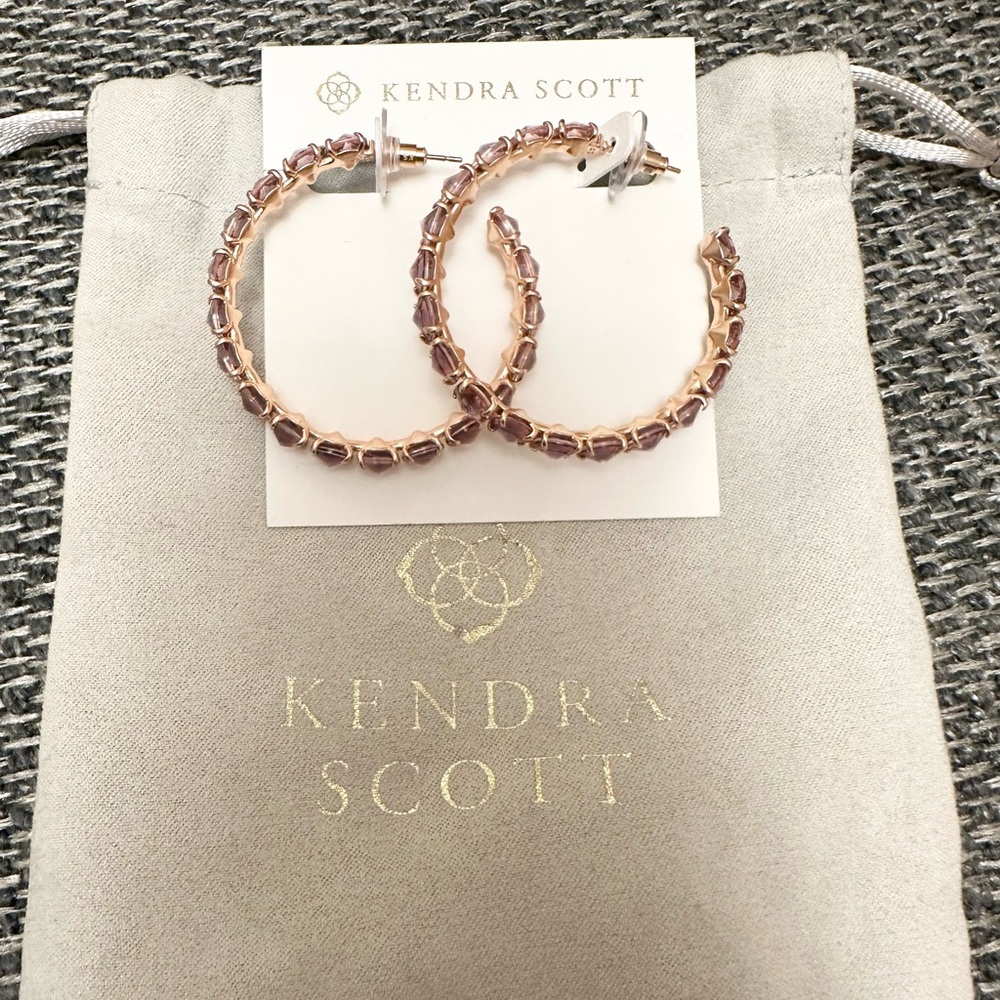 Kendra Scott Large Gold Hoop Earrings Dark Rose Pink Gemstones Jewelry